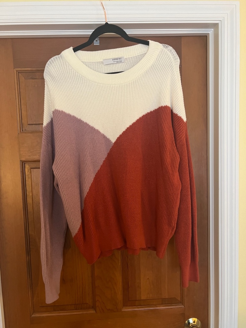 Sophie Rue Colorblock Crewneck Sweater in Cream, Dusty Rose, and Rust